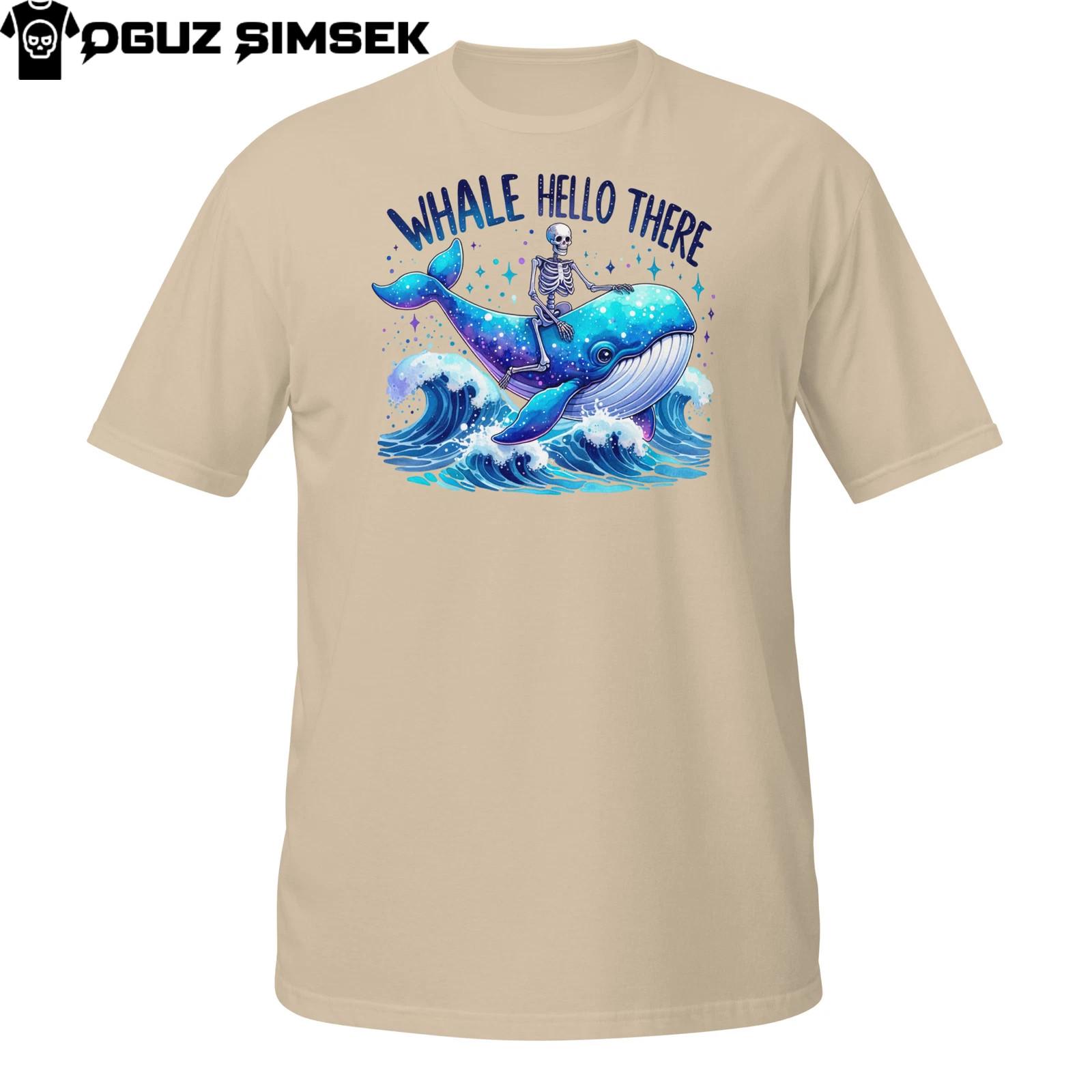 Whale Hello There Skeleton Riding Whale T-Shirt Mens Womens Tees Top | Funny Ocean Pun Tee Gift L