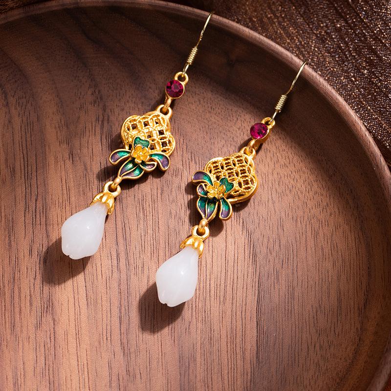 

New Chinese Style Enamel Color Water Drop Earrings Women S National Style Hanfu Cheongsam Earrings Hollow Coins Magnolia Flower Ancient Style Earrings