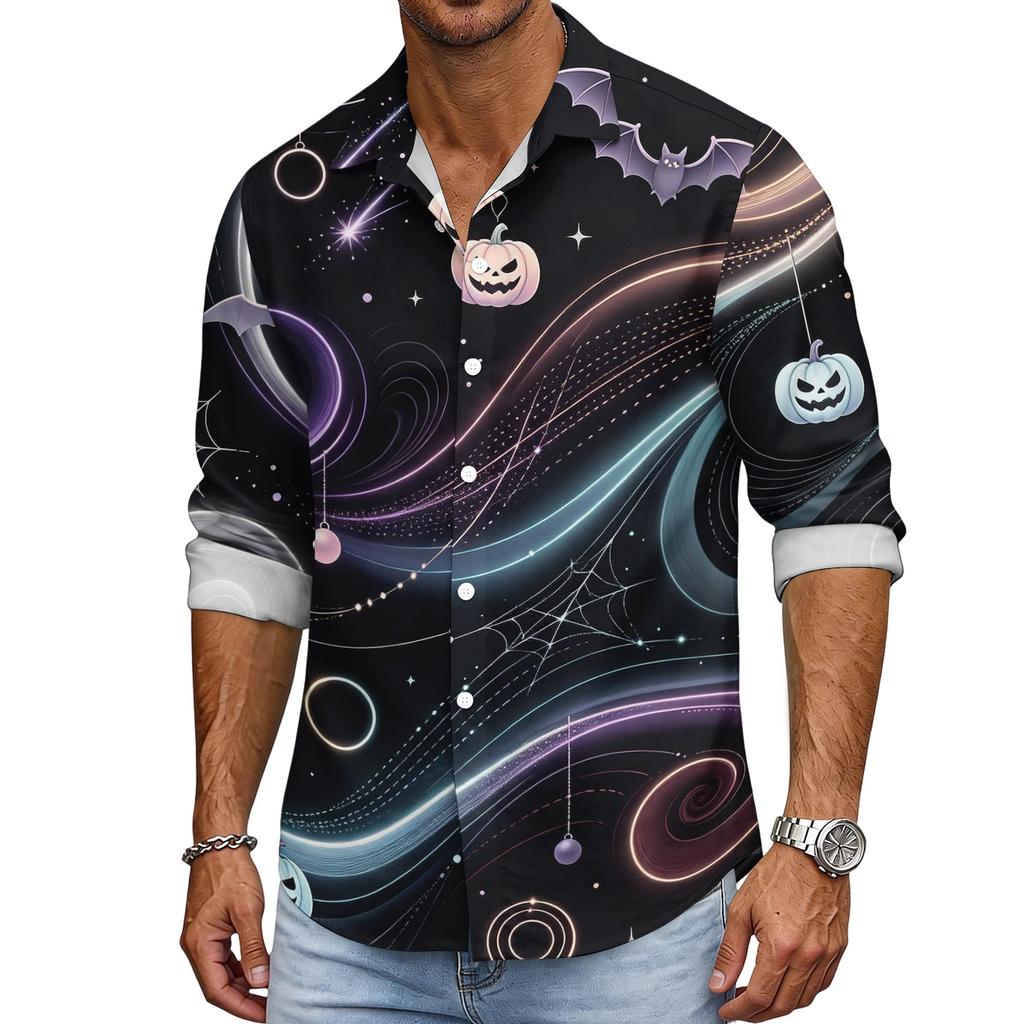 Men's Loose Fit Long Sleeve Shirt with Spread Collar Halloween Themed Casual Vintage Style Breathable Fabric Suitable for Outdoor Workwear