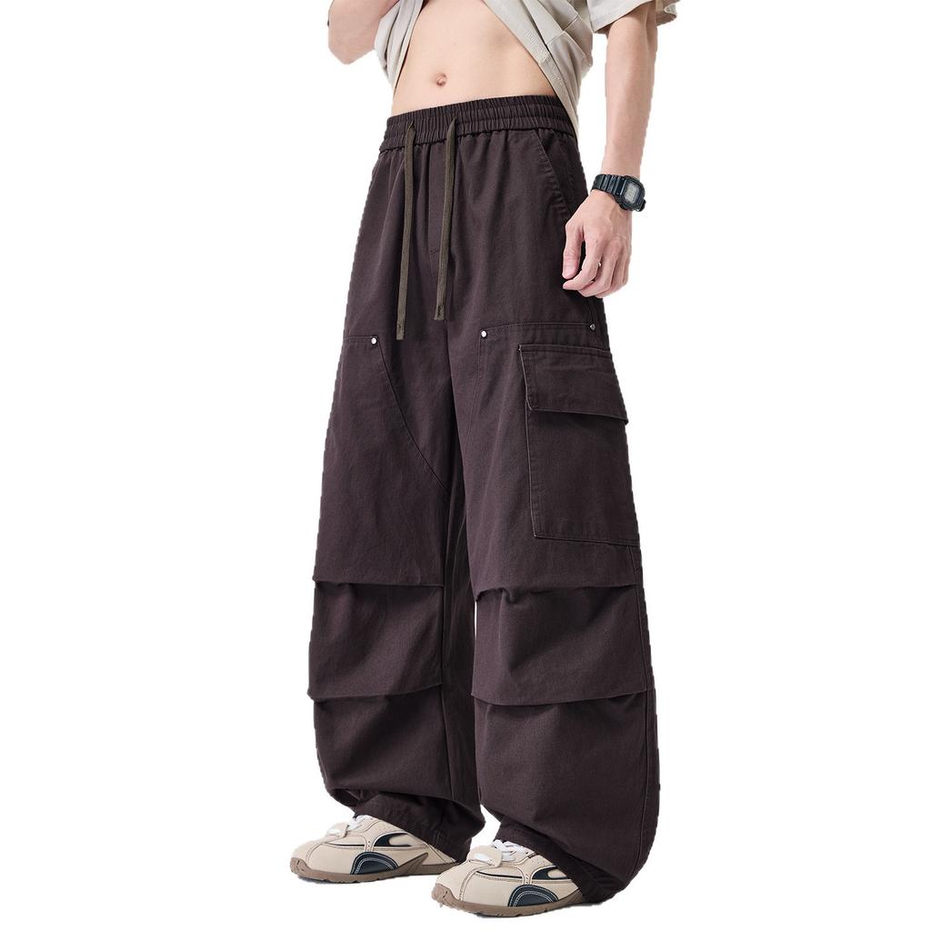 American retro trendy brand niche paratrooper overalls men's trend loose wide-leg straight elastic waist long pants