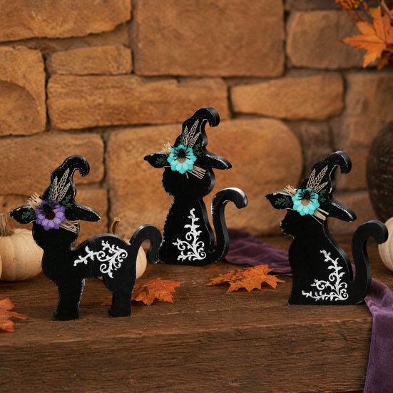 Witch Hat Table Decorations 3Pcs Halloween Decoration, Black Cat Ghost Decor, Figurines Rustic Farmhouse Wooden Centerpieces for Home Office