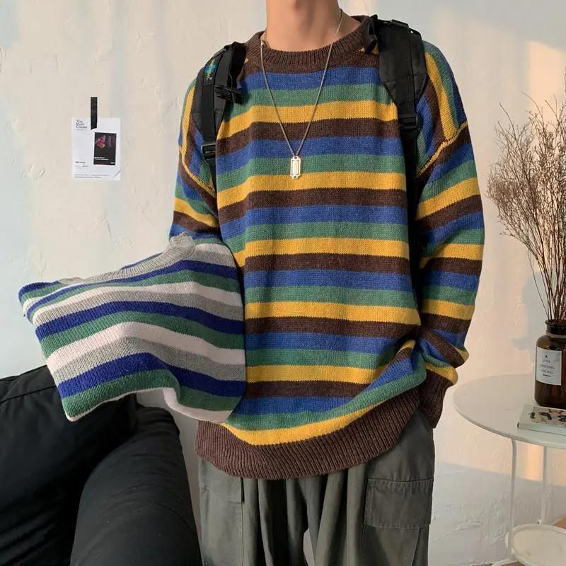 Korean Contrasting Colors Striped Pullovers Knitted Men's Casual Loose Autumn Winter O-Neck Long Sleeve Sweaters