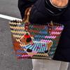 Bamboo Handle Retro Striped Woven Bag Puppy Pattern Summer Women's Handbag  Casual Shopping