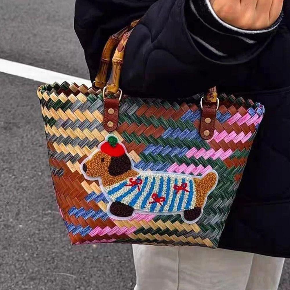 Puppy Pattern Retro Striped Woven Bag Bamboo Handle Summer Women's Handbag  Casual Shopping