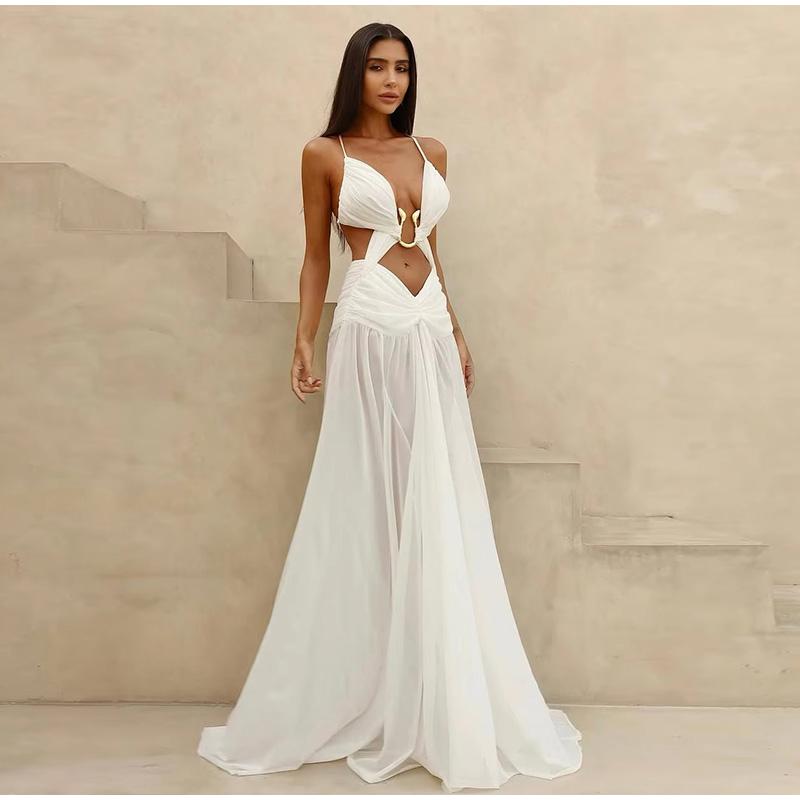 Sexy Hollow Out Long Dresses for Women Pleated V Neck Halter Sleeveless Backless Female Dress Fashion Solid Color A-Line Lady Dresses