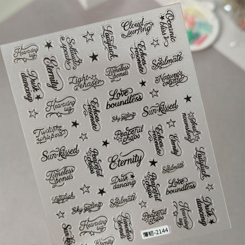 Black White Nail Stickers with Letters 3D Angel Wings Alphabet Mixed Styles Nail Decals for Professional Manicure Sets