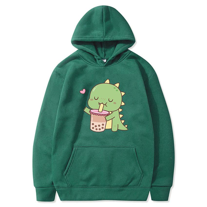 Bubble Tea Kawaii Dinosaur Print Hoodies 2021 Woman Man Autumn Hooded Clothes Milk Tea Pullover Female Hip Hop Casual Streetwear