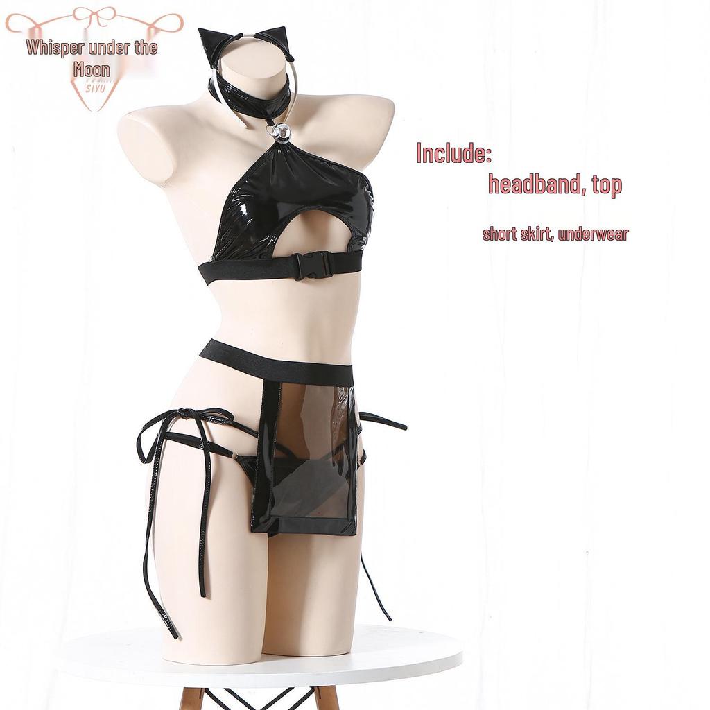 Sexy Patent Leather Catwoman Lingerie Set - Anime Bunny Girl Tease