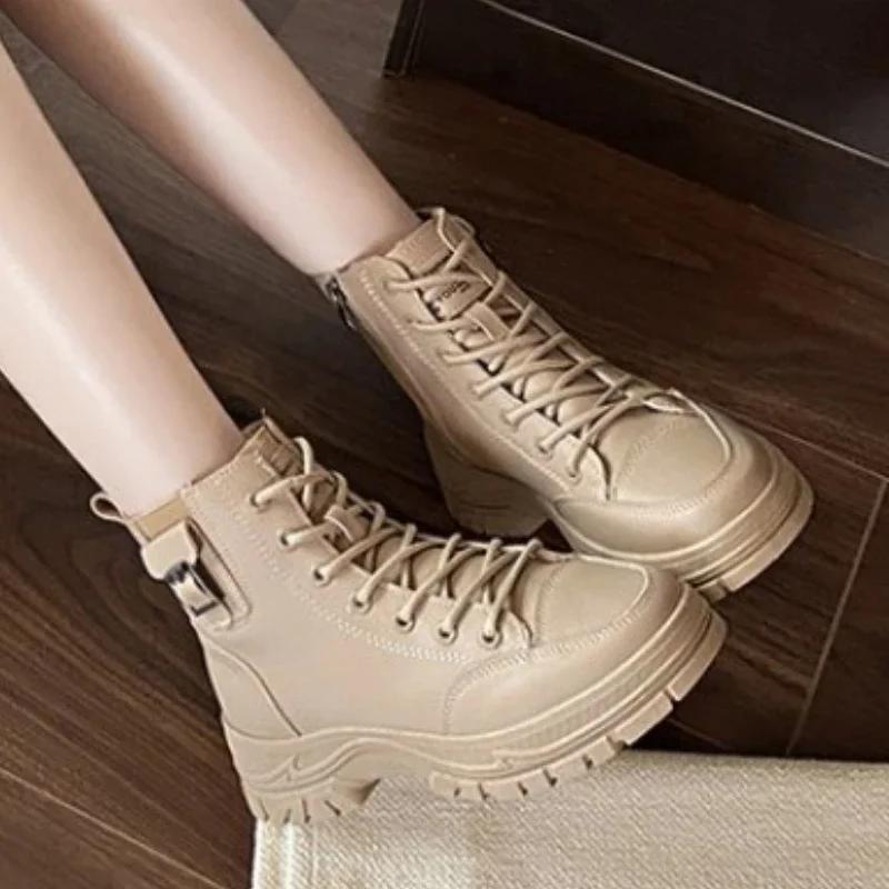 36-41 Women's Shoes Genuine Leather Ankle Boots Plush Outdoor Fashion Casual Platform Ladies Shoes for Women Autumn