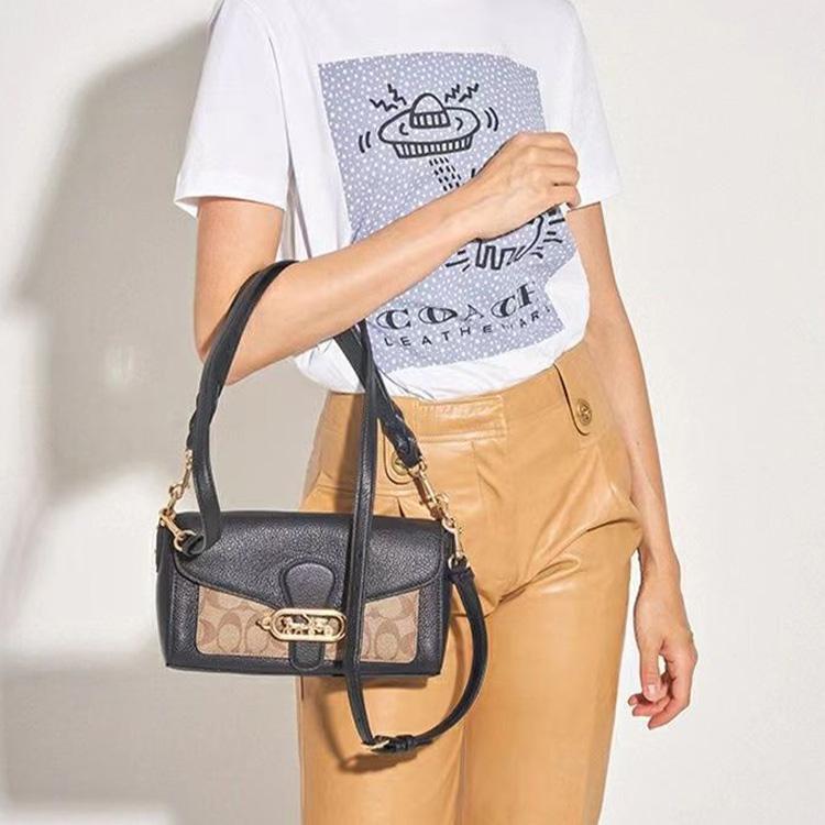 New COACH Jade Coated Canvas With Leather Shoulder Bag, Portable Crossbody Bag Women's Black & Brown Monogram 90782-IMCBI