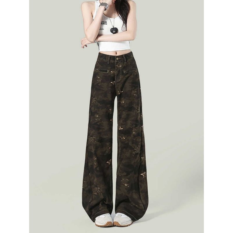 

Niche Design Camouflage Worn Jeans Female Popular This Year Loose Slimming Workwear Pants Easiest for Match Mop Trousers Fan Color pants recommend height 155-165cm XL