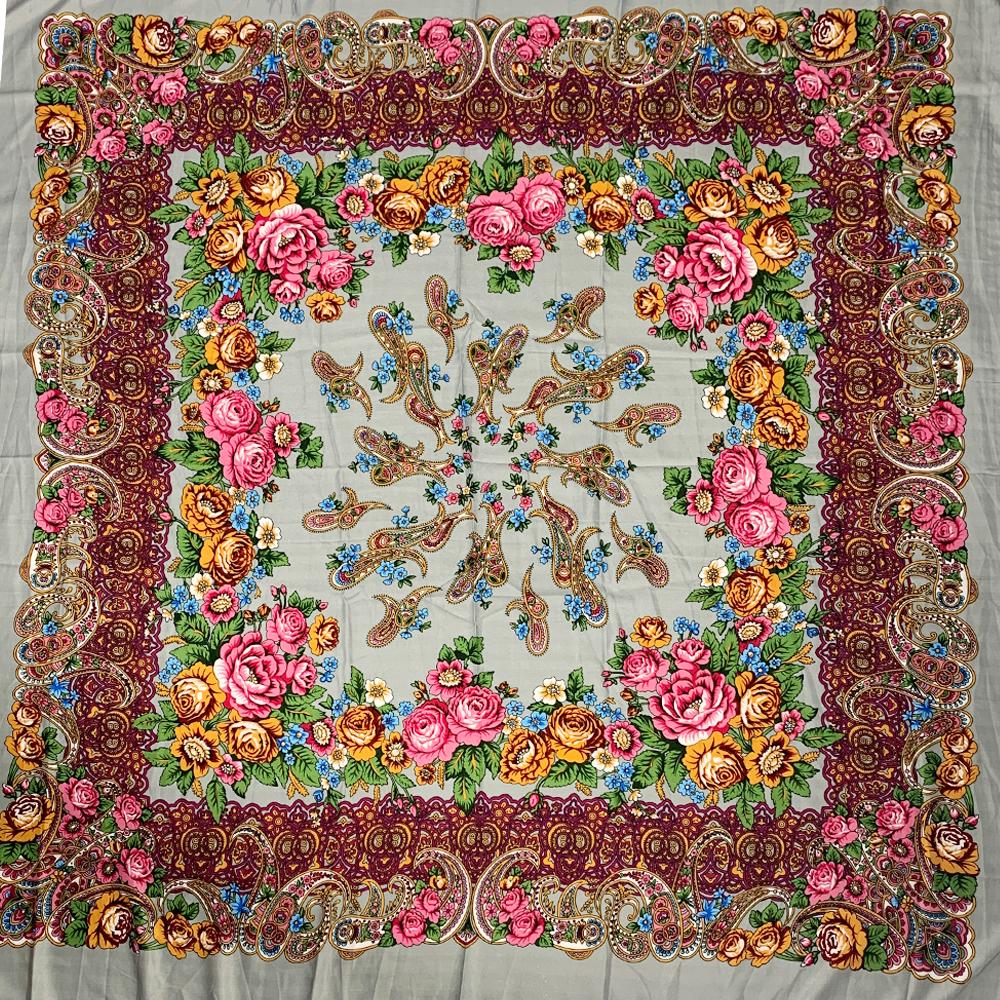 160*160CM Russian Women Square Scarf Retro Floral Print Bandana Ukrainian Shawl Babushka Handkerchief Blanket Fringed Shawls