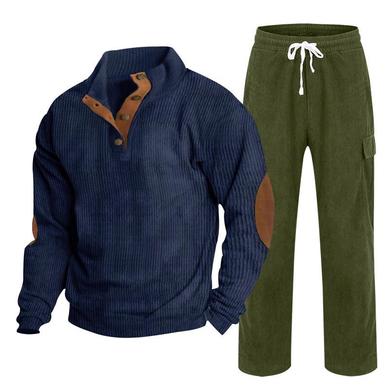 Herren Herbst/Winter Neuankömmling Sportbekleidung Zweiteiliges Set Cord Knopfleiste Henley Oberteil und Straight-Leg Hose Lässiges Ensemble
