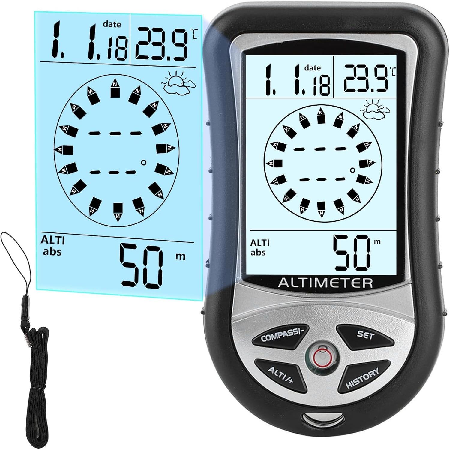 

Digital Altimeter, Digital Compass, Hiking Thermometer, Timer & Backlight, 8 in 1 Hand-Hold Barometer for Mountaineering Outside 2300 to 29500FT чорний