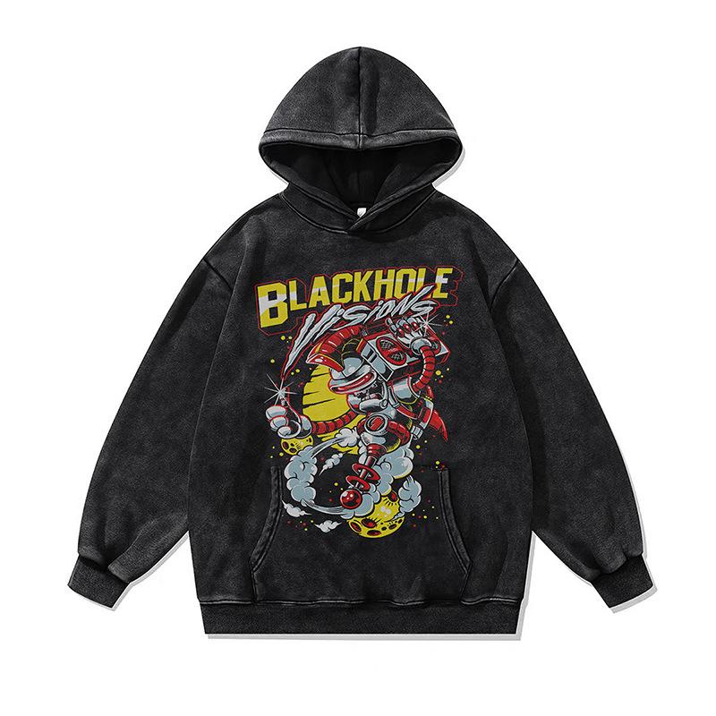American Retro Cartoon Direct Injection Printing Hoodie Men And Women Autumn And Winter Oversize Washed Hooded Sweater