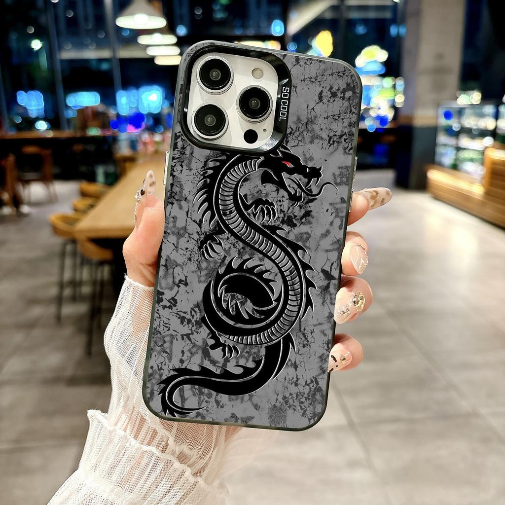 Color Phone Case For iPhone 17 16E 16 11 15 14 Pro MAX 12 13 MINI 7 8 Plus XR SE Silver Plated IMD Cover Black Dragon Fashion