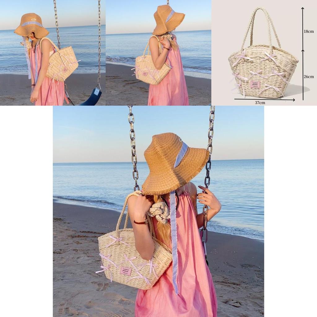 Simple Pink Bow Decoration Women Casual Grass Woven Handbag For Beach And Casual Wear