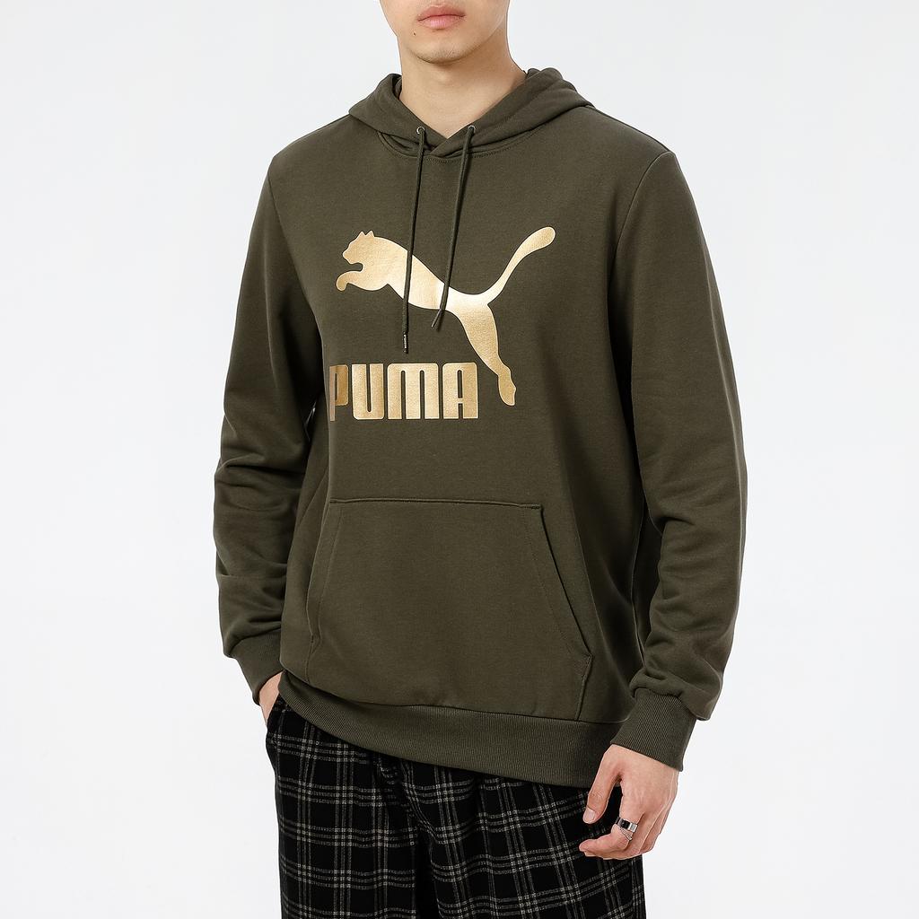Puma Classics Metallic Logo Print Hoodie Men Sweatshirt Olive-Green 531370-44