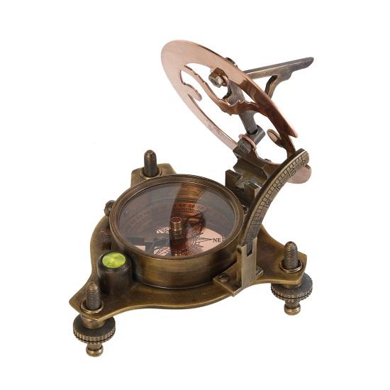 Vintage Marine 6.35 cm Brass Sundial Compass Nautical Decor Brass Triangle Sundial Compass with Adjustable Screw Legs with wooden box