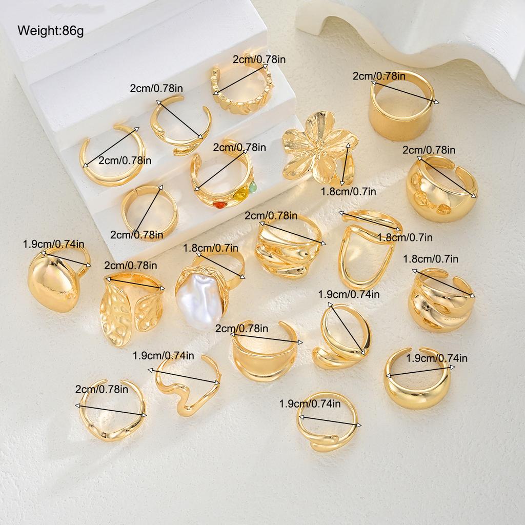 20 Pcs Fashion Flowers Geometric Irregular Line Open Ring Set For Women Gold Color Vintage Mix Style Trendy Jewelry Party Gifts