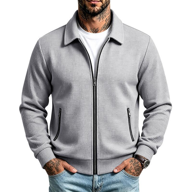 Men S Casual Waffle Knit Zip Pocket Lapel Jacket