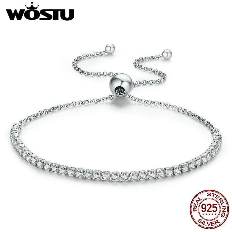 WOSTU Top Sale Real 925 Sterling Silver Sparkling Strand Chain Bracelet For Women