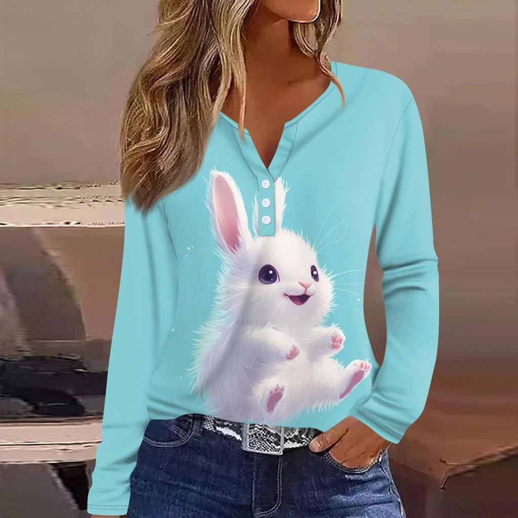 Women's Fashion Casual Printed V-neck Long Sleeve Button Up T-shirt Top