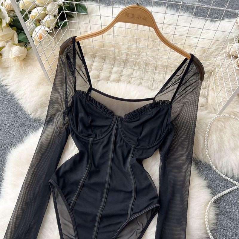 Pure Desire Wind Stitching Tube Top High Fork Jumpsuits Mesh