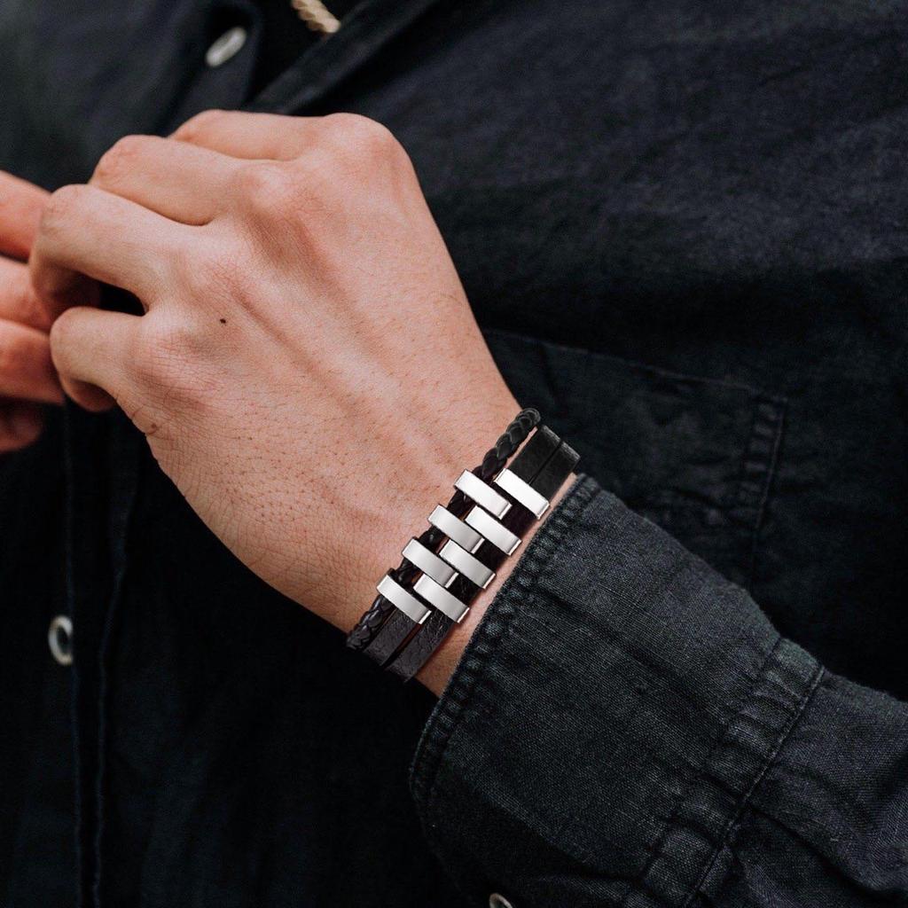 Mens Leather Bracelets,Stylish Stainless Steel 3 Layer Black Bracelets,New Fashion Jewelry Gift for Father Dad Husband BFF Son