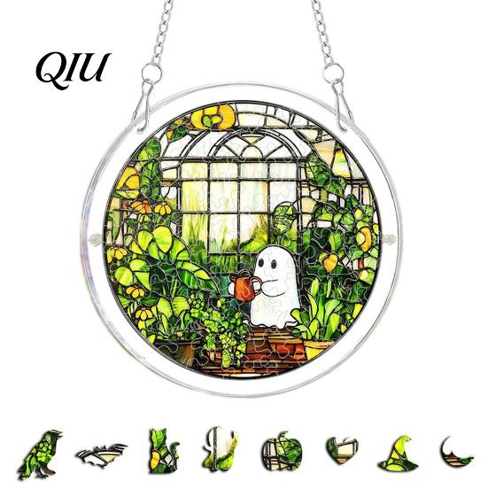 Halloween Puzzle Decoration Acrylic Decor, 2D Ghost Pumpkin Skeleton Hanging Sign, Faux Sign Stained Glass Spooky for Party Home Stress Relief