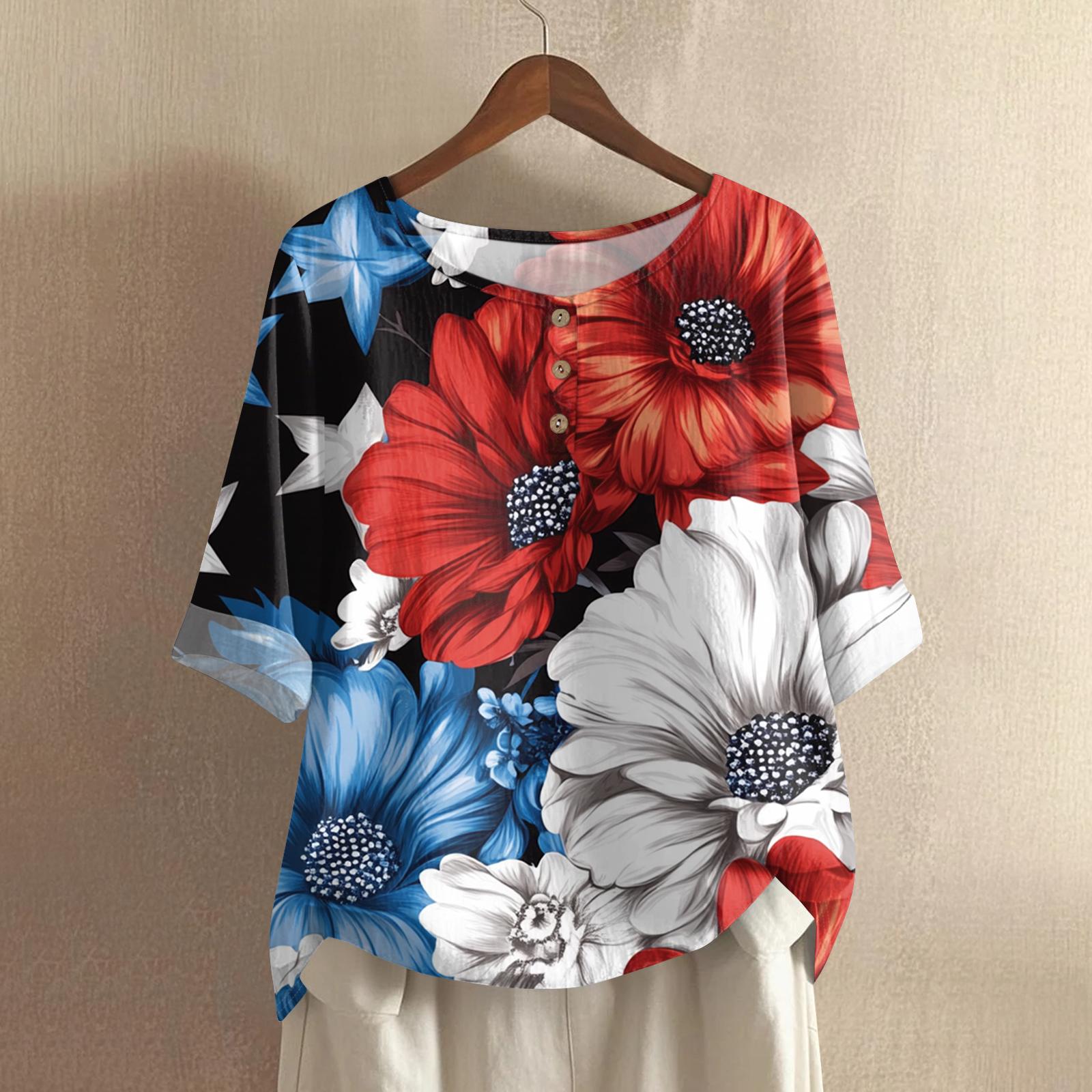 

Женская модная и повседневная рубашка с полурукавом, круглым вырезом, принтом, из хлопка и льна, блузка-топ L синий