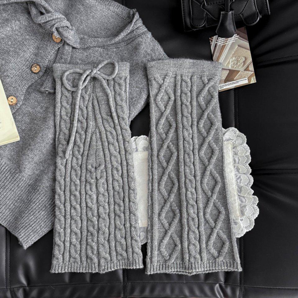 Арктический бархат, тонкие согревающие гетры крупной вязки с завязками, осенне-зимние многослойные толстые носки серый