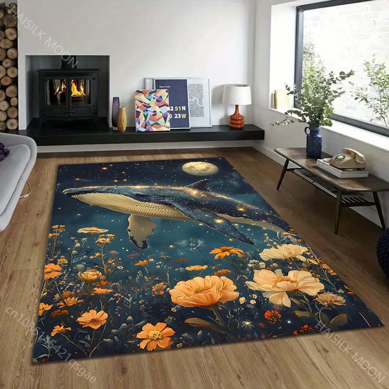 1PC Starry Whale and Floral Dream Print Carpet Rug for Living Room Bedroom Sofa Doormat Home Decor Non-slip Floor Mat