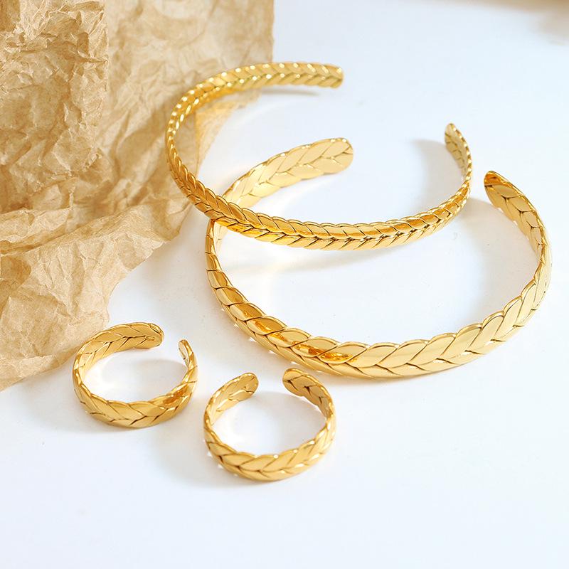 European & American Geometric Adjustable Wheat Ear Bangle and Ring Set for Women – Titanium Steel Jewelry