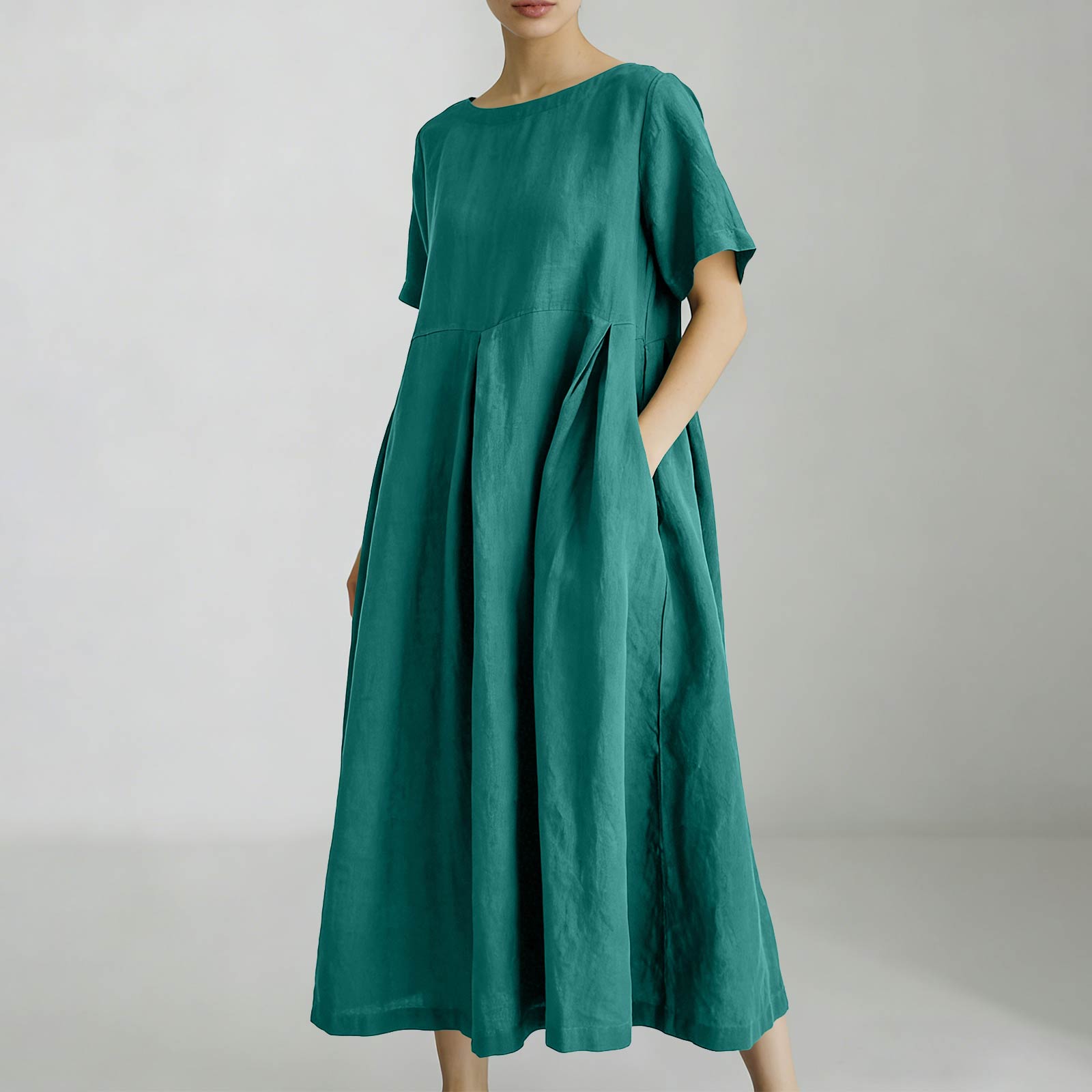 

Women s Fashionable Casual Loose Fit Short-Sleeve Mid Length Dress With Pockets M зелёный