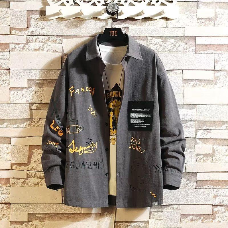 

Men s Japanese Fashionable Long Sleeve Shirt with Graffiti Print Non-ironing Ruffles Beautiful Work Clothes Loose Casual Beautiful Clothes 5XL