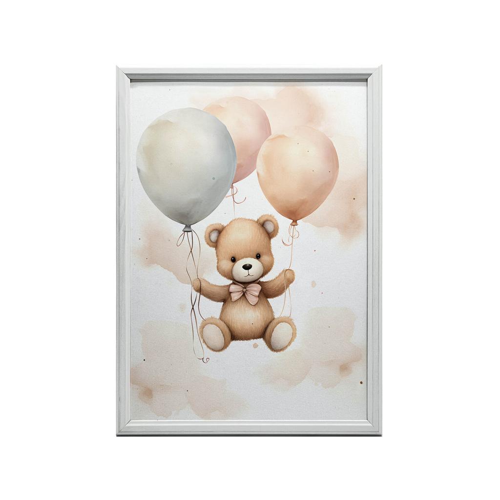 Miś W Balonowej Podróży Miś W Balonowej Podróży, 30X40 Cm, Rama Drewniana Ciemny Brąz, Papier Matowy 230 Gsm