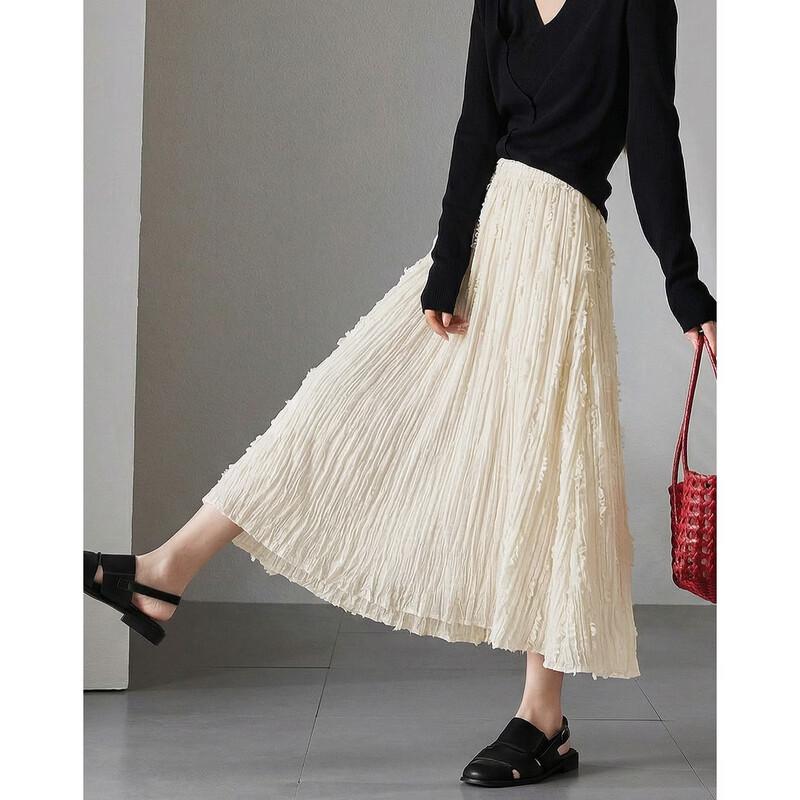 Pleated Tassel Mesh A-Line Long Skirt