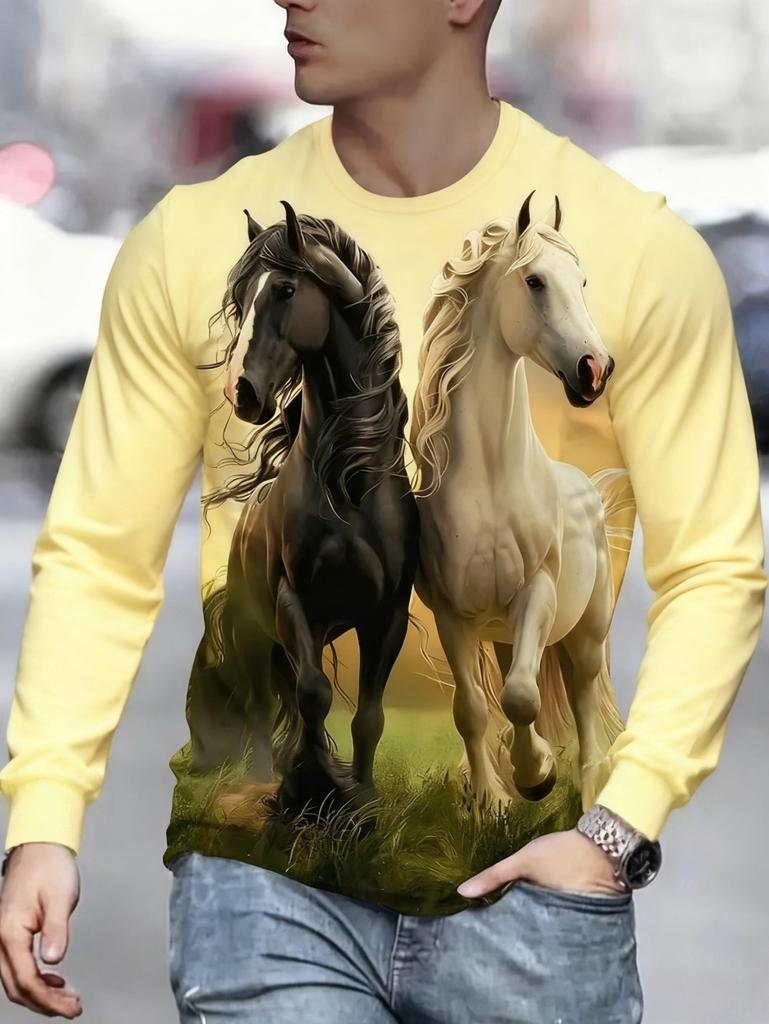 Men's T-Shirt Running Horse Graphic 3D Print Fashion Long Sleeve Crew Neck Unisex Tee Shirt Casual Summer Personality Men's Top