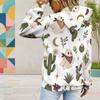 Women Plus Size Cute Cow Cactus Printed White Long Sleeve Drawstring Hoodie Kangaroo Pocket Pullover