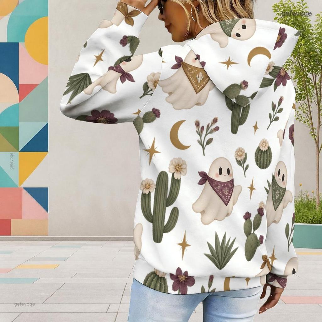 Women Plus Size Cute Cow Cactus Printed White Long Sleeve Drawstring Hoodie Kangaroo Pocket Pullover