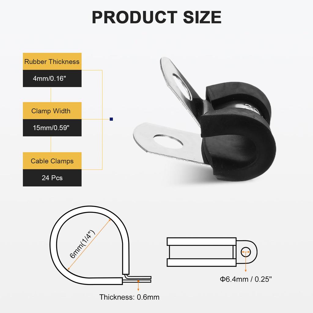 uxcell 24pcs 6mm(1/4") Cable Clamps 304 Stainless Steel Rubber Coated Cushioned Insulated Cable Clamp