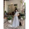 Short Sleeve POLO Neck Tie Button Splicing Dress Women's Summer New Niche Design Sense Skinny A-shaped Long Dress