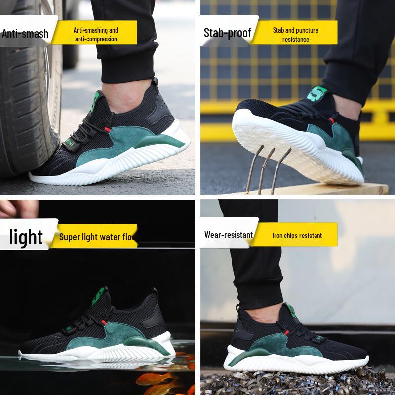 Lightweight Fly-Knit Safety Shoes: Steel Toe, Anti-Smash, Anti-Puncture—Perfect for Standing Comfortably All Day.