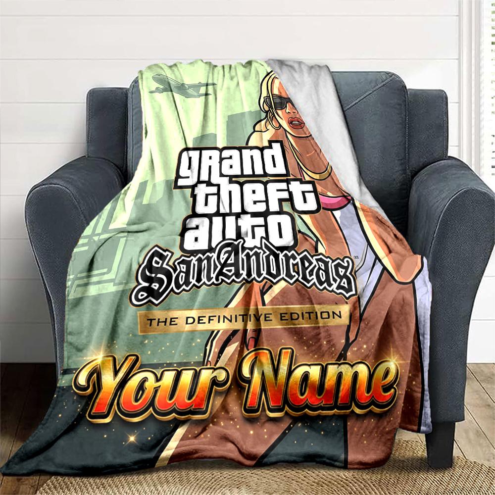 1pc Personalized Name GTA Blanket, Gift, for Men and Women, Soft Blanket, Good for Sofa Bed Couch Travel, Lightweight Flannel Blanket