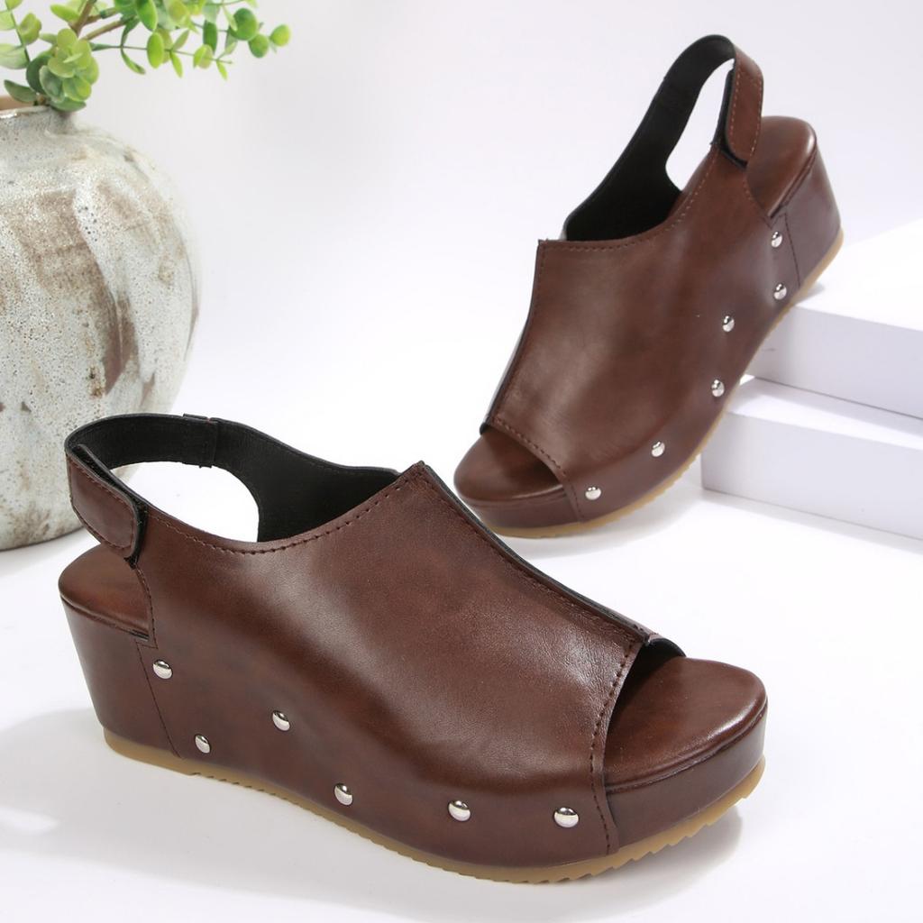 22 Summer New European and American Thick-soled Heightened Wedge Sandals Large Size Rivets Fish Mouth Open-toed Shoes
