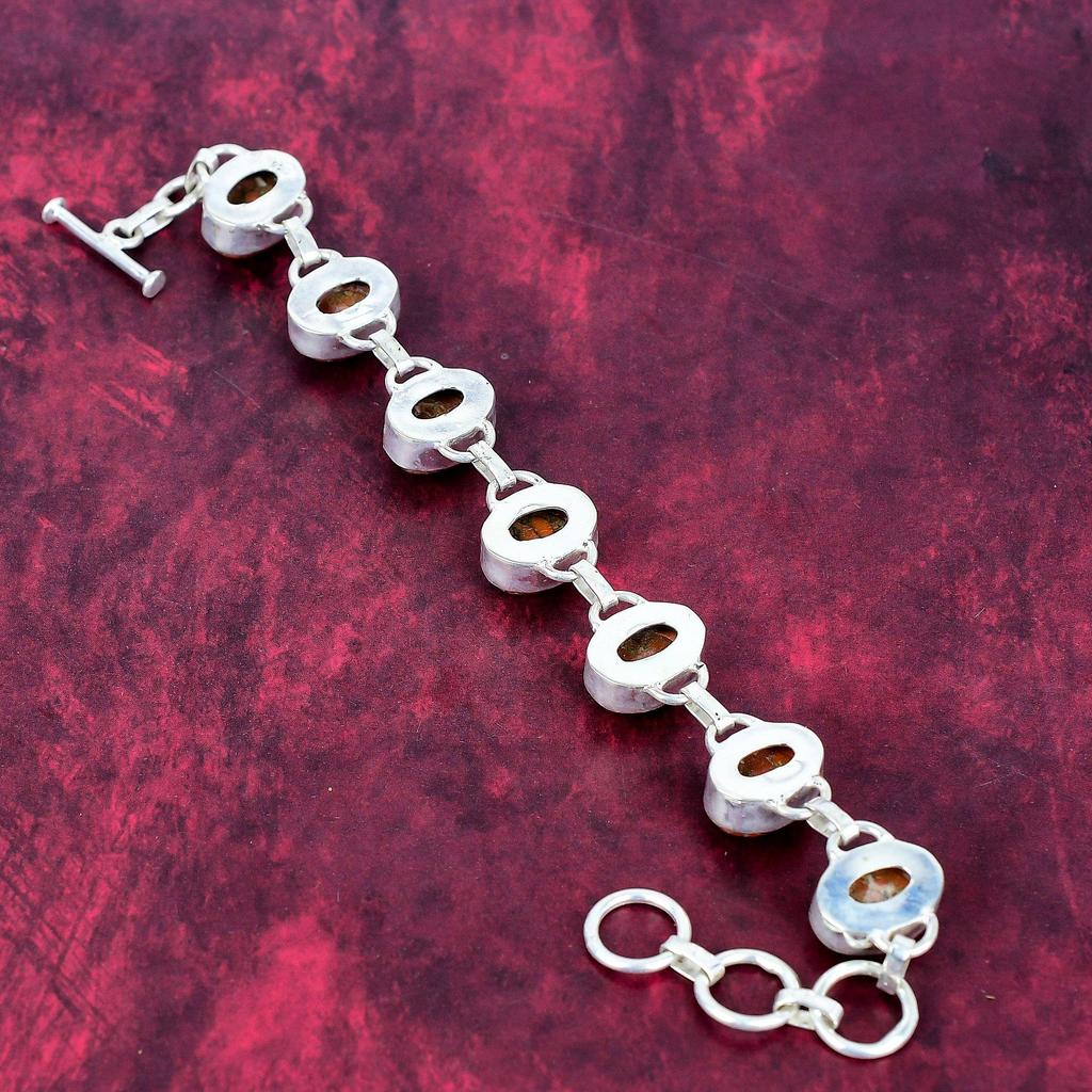 Orange Sea Sediment 925 Solid Sterling Silver Bracelet with Adjustable Chain, Handmade Gemstone Jewelry Bracelet For Memorial Day