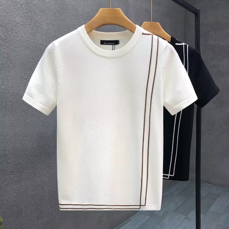 T-shirt Tricot Blanc Manches Courtes Homme avec Ligne Latérale Marron Détail Top Décontracté Coupe Ajustée