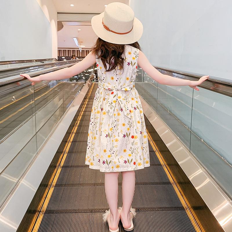 Girls Summer Cotton Dress Floral Cotton Princess Dress Belt Waist Pastoral Style Summer Travel Vacation