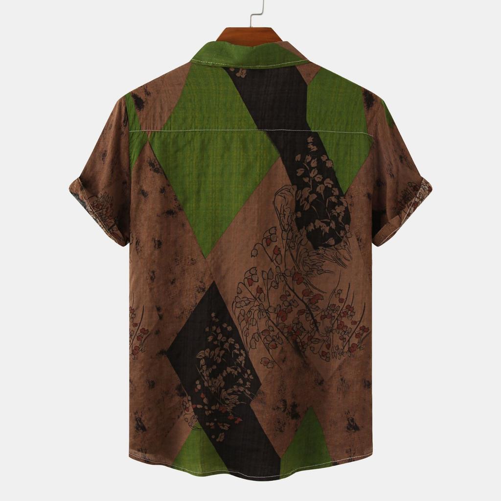 Men's Casual Hawaiian Loose Resort Print Short Sleeve Top Beach Button Up Shirt
